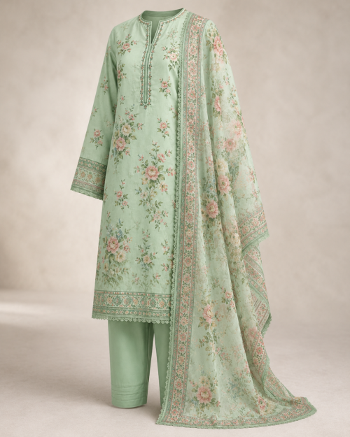 Sage Green Organza Three Piece
